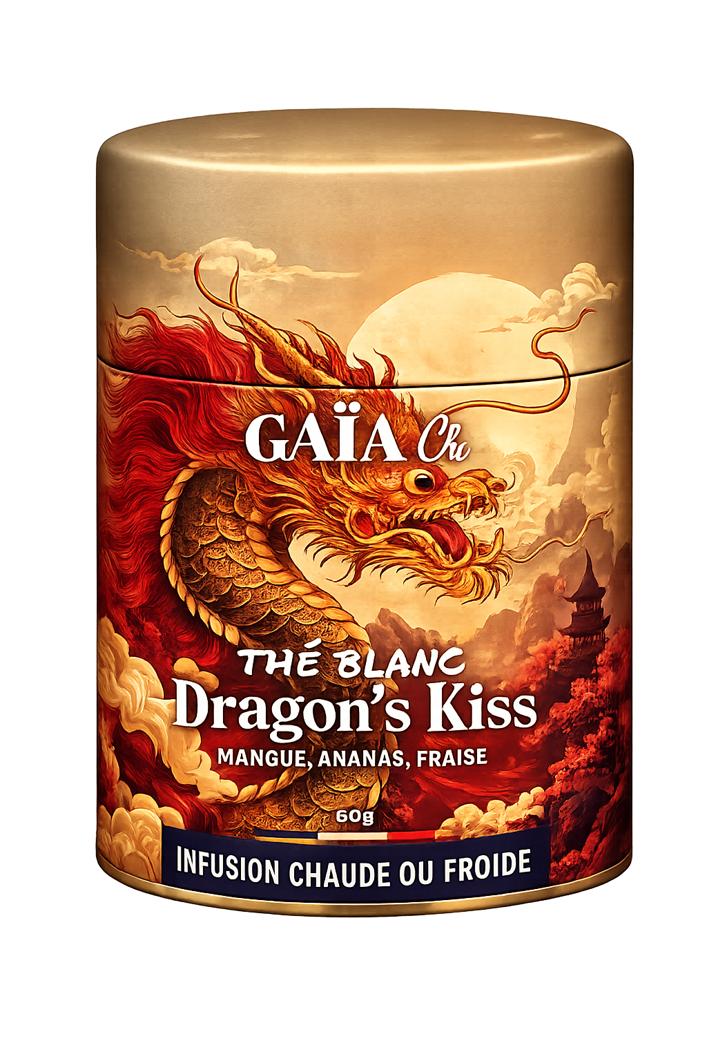 Boîte de thé blanc Dragon's Kiss Gaïa Chi, mangue, ananas et fraise